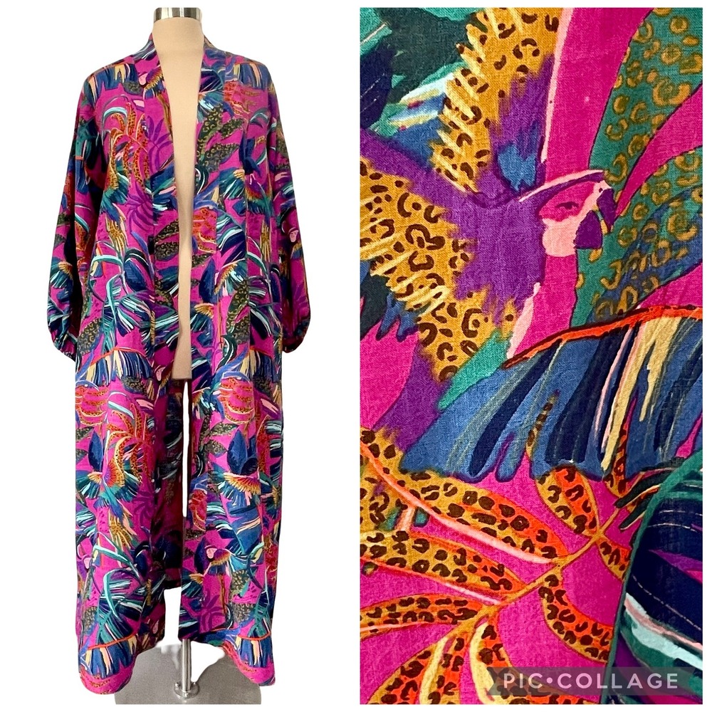 Anna & Ava Tropical Parrot Leopard Print Duster Robe Magenta Maxi Kimono ONE Sz